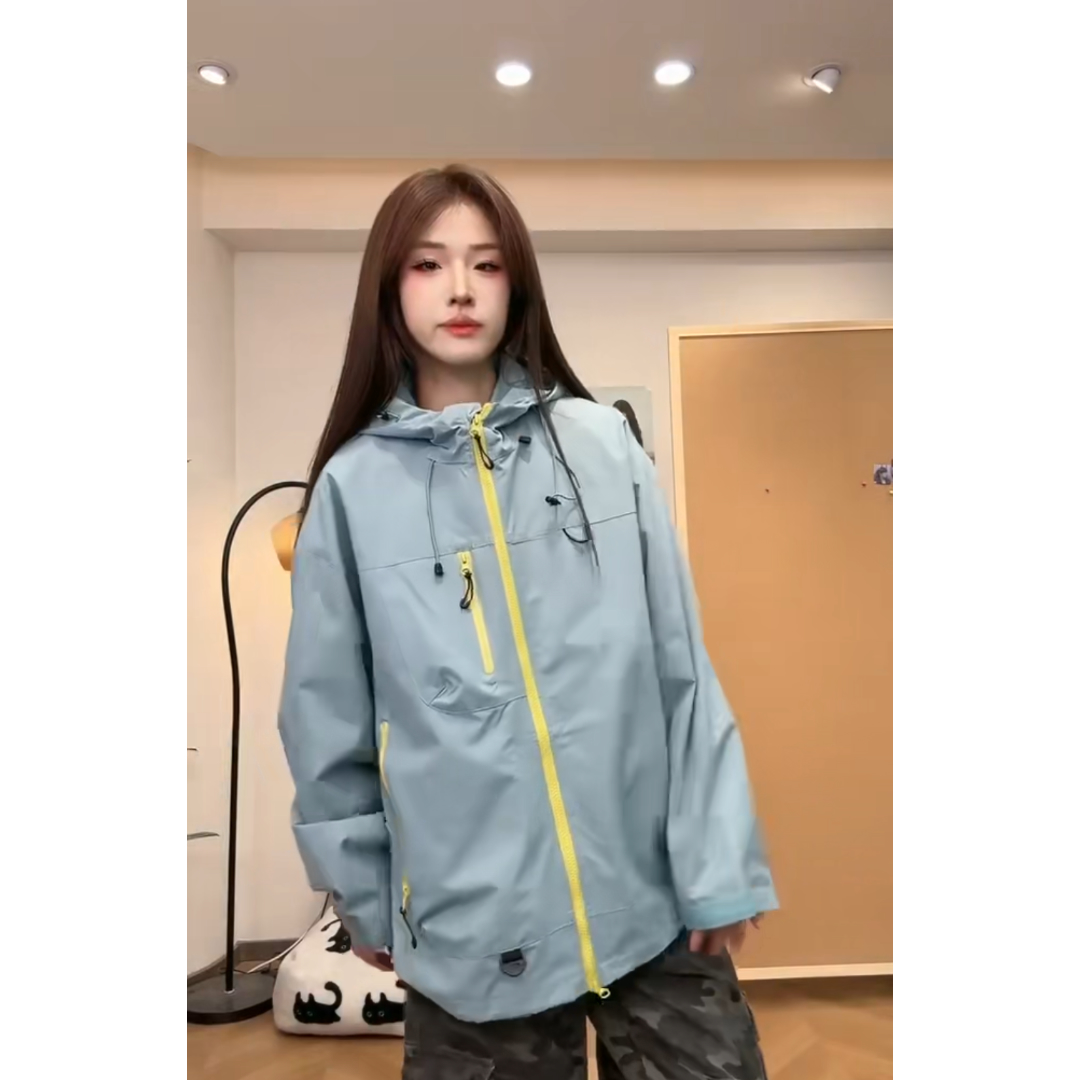现货25秋季多巴胺户外防水连帽抽绳机能冲锋衣男女宽松JK14/P65，男装夹克，星座205-3