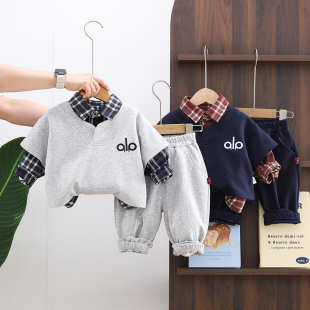 男童春装三件套2026春秋季新款韩版衣服儿童短袖衬衫宝宝洋气套装