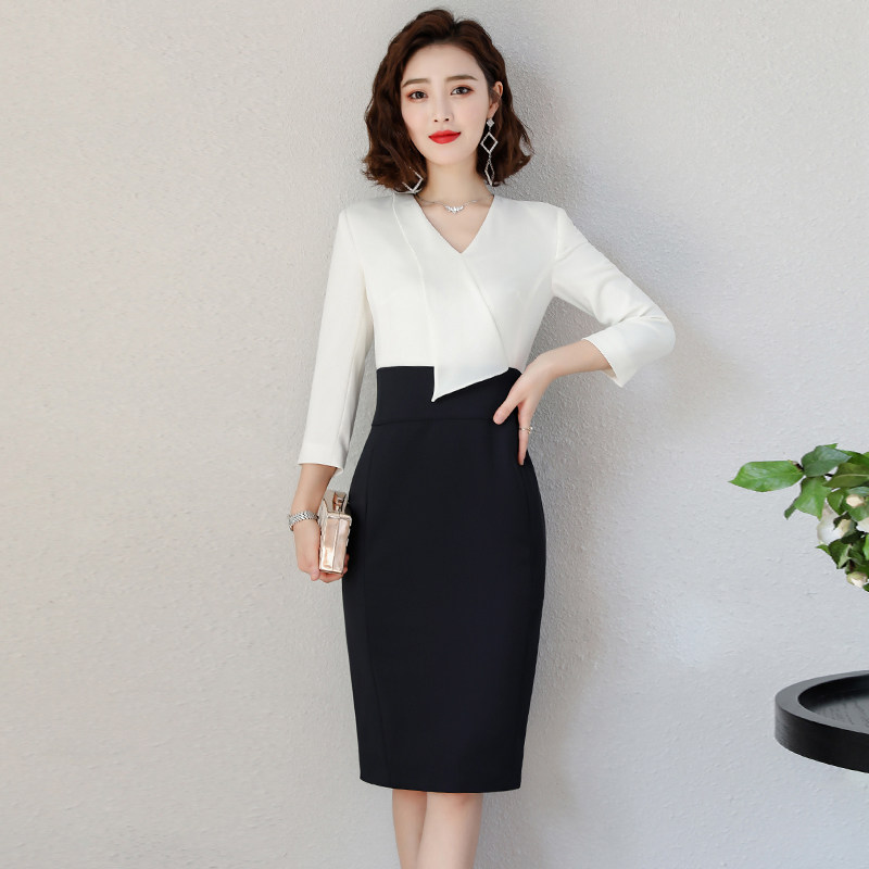 职业连衣裙女春季修身时尚气质中长款ol通勤中袖工装美容师工作服