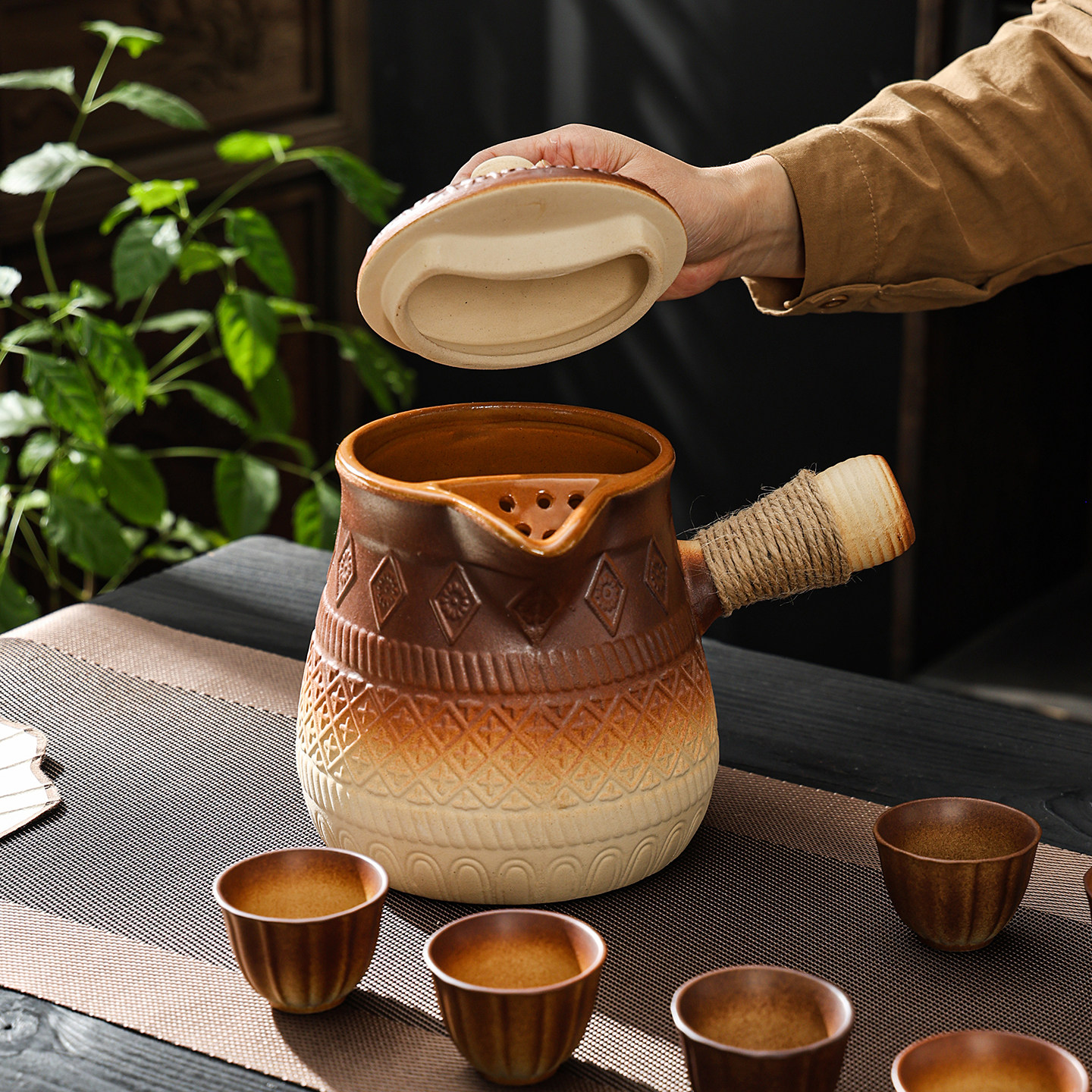 超大容量烤奶罐可明火干烧大壶侧把煮茶围炉专用陶壶罐罐烤奶茶壶