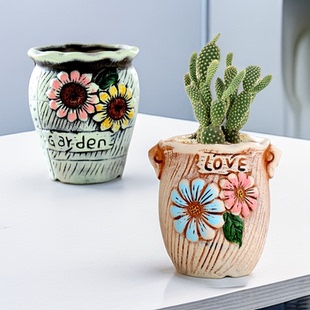 多肉花盆陶瓷粗陶透气创意简约大号复古陶罐小老庄植物多肉盆清仓