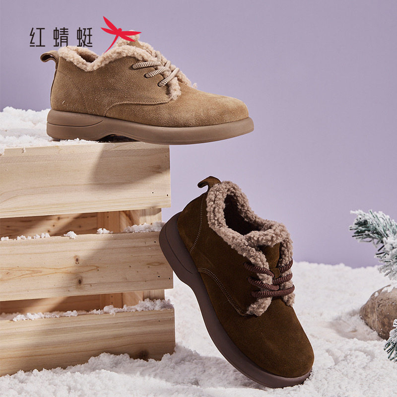 红蜻蜓冬季女短筒雪地靴加绒平底