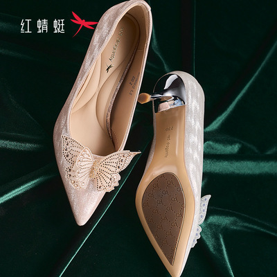 红蜻蜓春女士单鞋高跟尖头蝴蝶结