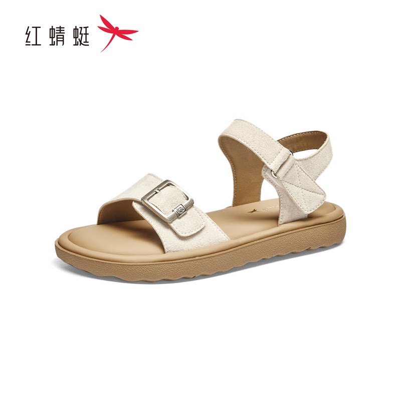 红蜻蜓夏女皮凉鞋平跟厚底魔术贴