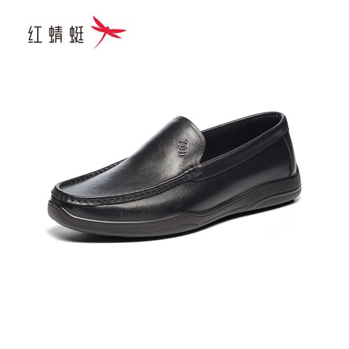 红蜻蜓春男牛皮乐福休闲皮鞋防滑