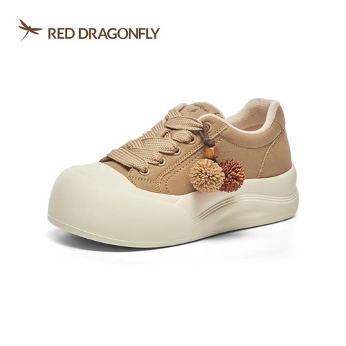 红蜻蜓冬厚底女板鞋休闲真皮棉鞋