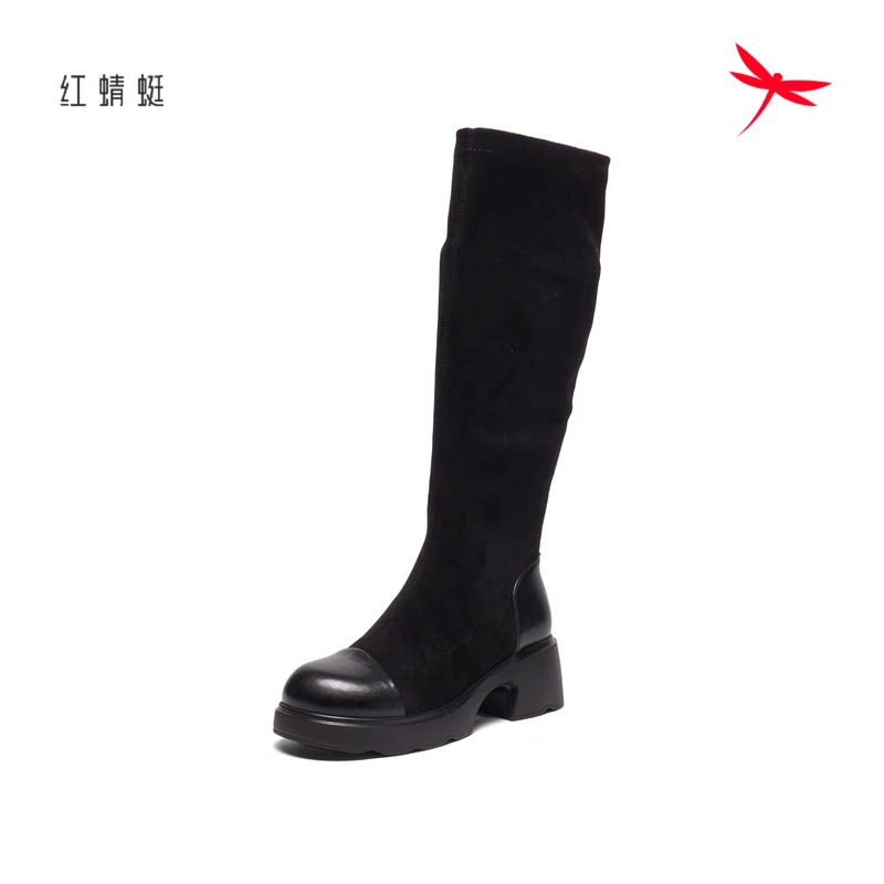红蜻蜓冬女士弹力高筒靴显瘦粗跟