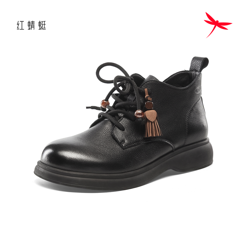 红蜻蜓冬高帮牛皮粗跟女单鞋休闲