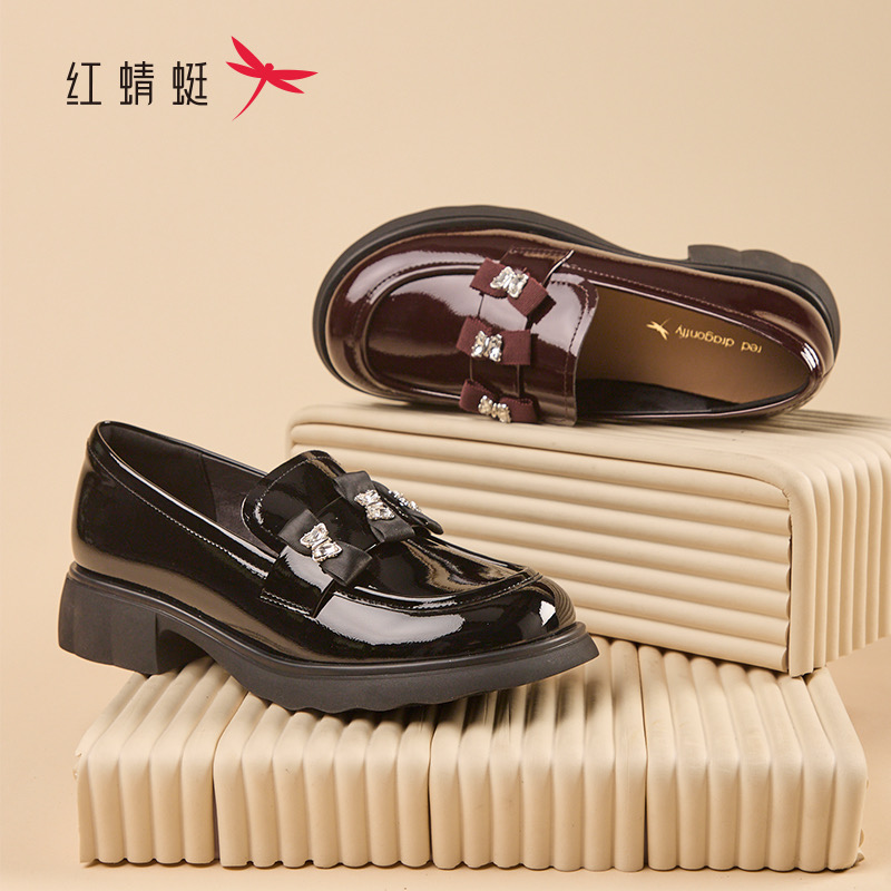 红蜻蜓春女士乐福漆皮鞋双蝴蝶结