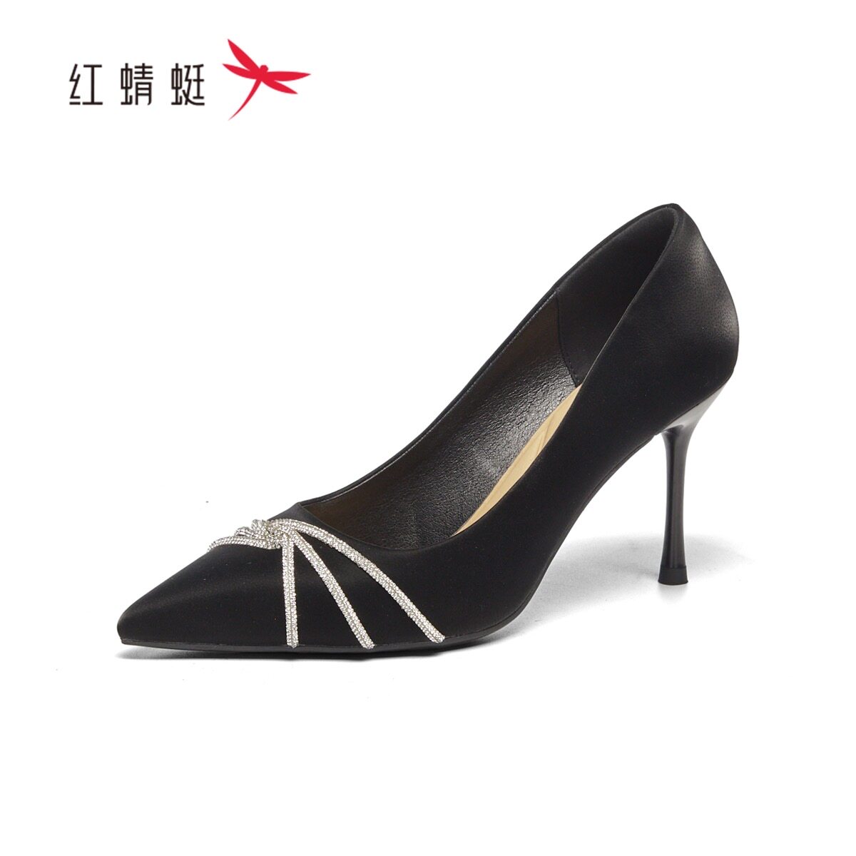 红蜻蜓春女士工装单鞋细高跟水钻