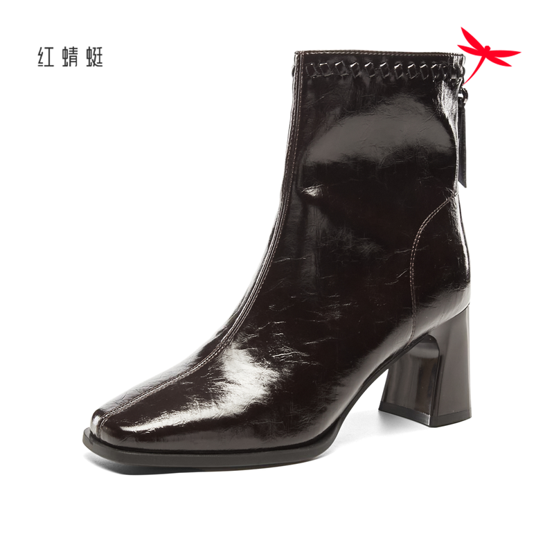 红蜻蜓冬女士短筒皮靴子粗跟加绒