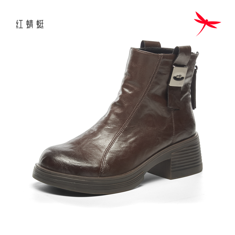 红蜻蜓冬女士短筒靴子切尔西粗跟