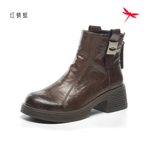 红蜻蜓冬女士短筒靴子切尔西粗跟