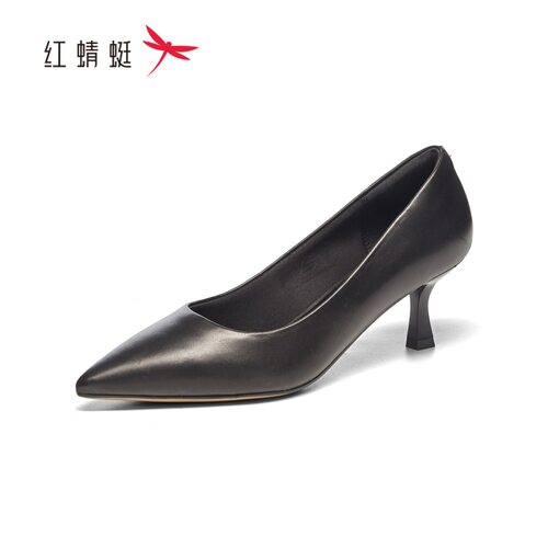 红蜻蜓春女士工装羊皮鞋浅口高跟