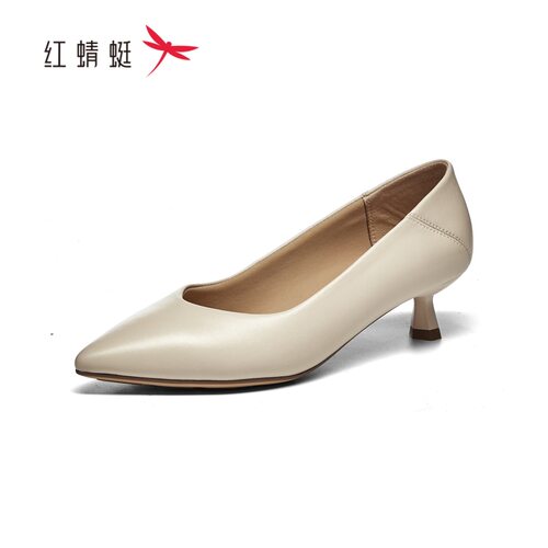 红蜻蜓春季女士羊皮鞋工作鞋细跟