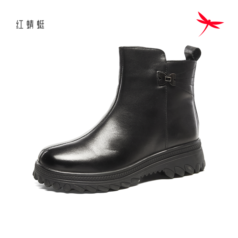 红蜻蜓女牛皮靴子切尔西厚底羊毛