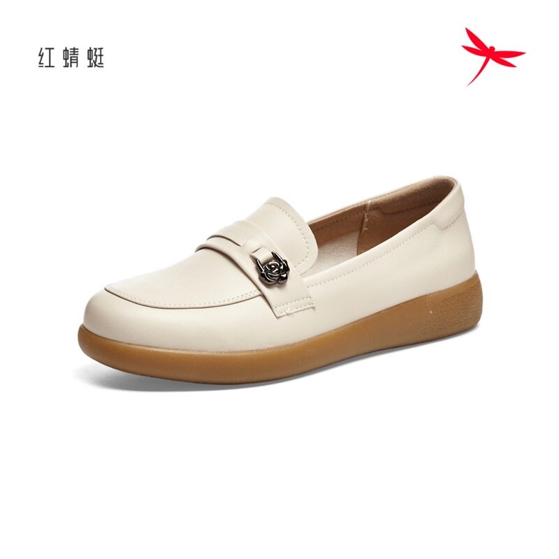 红蜻蜓春季女士牛皮鞋平跟一脚蹬