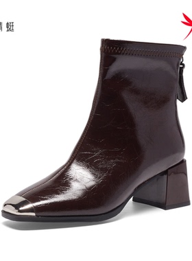 红蜻蜓2025冬时装靴女靴CD62004341B金属方头短靴CD62004342H粗跟