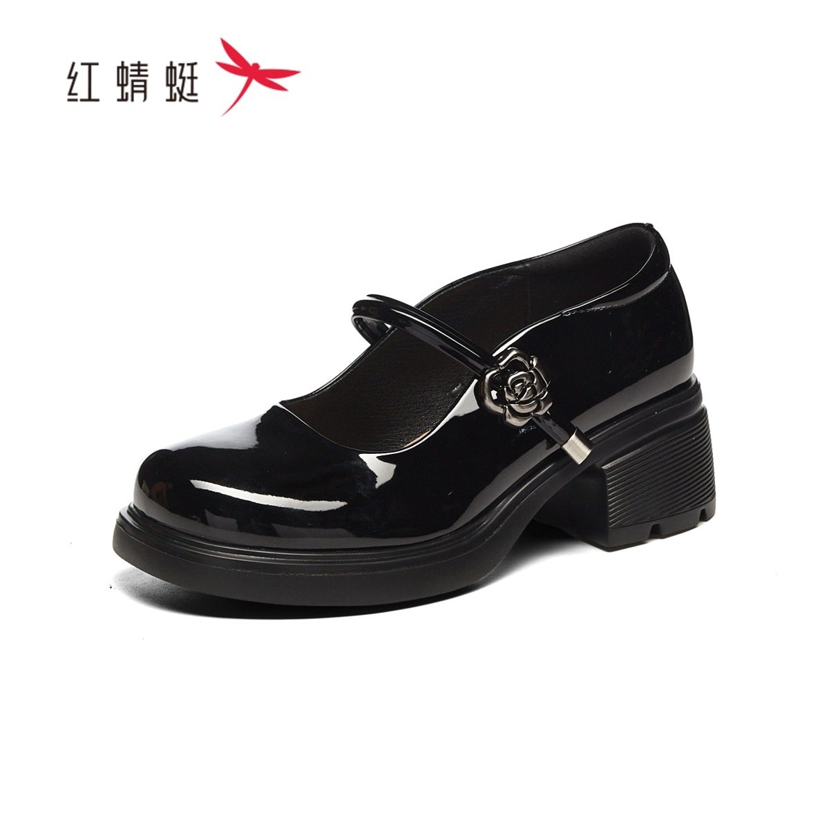 红蜻蜓春女士玛丽珍漆皮单鞋花朵