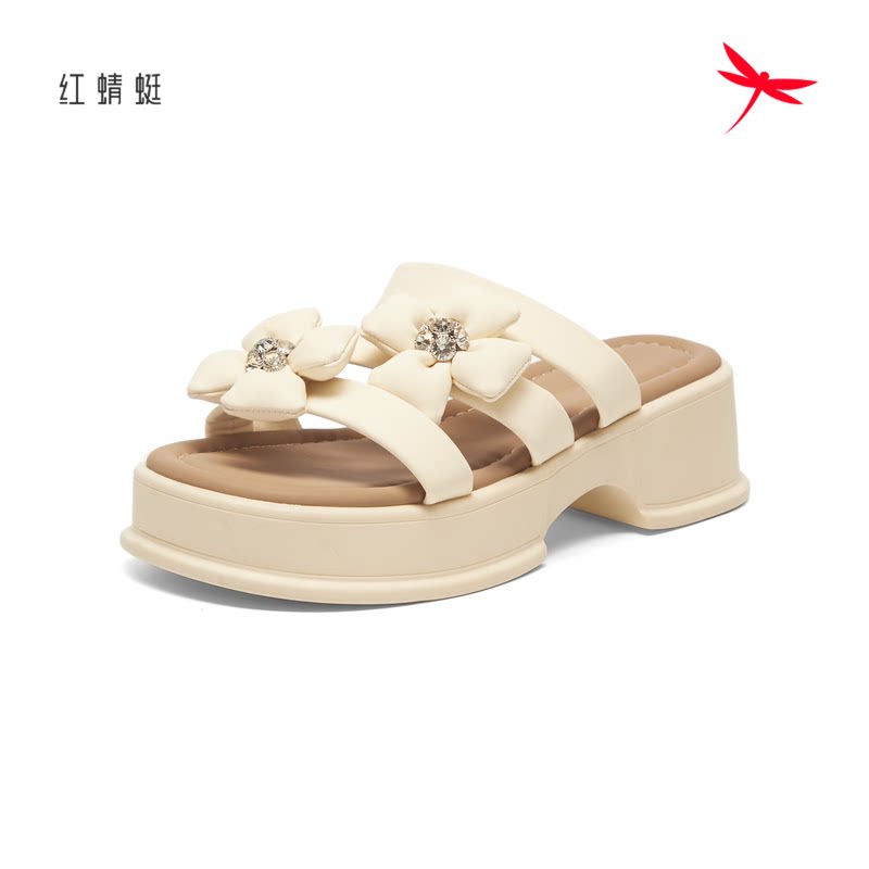 红蜻蜓夏季新厚底花朵水钻凉拖鞋