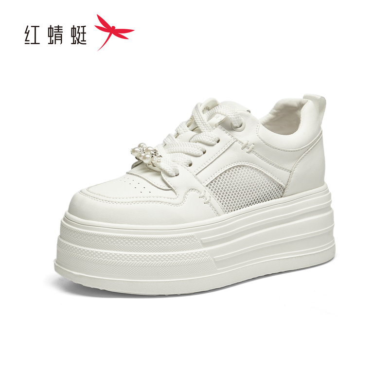 红蜻蜓夏女休闲板小白鞋平跟厚底
