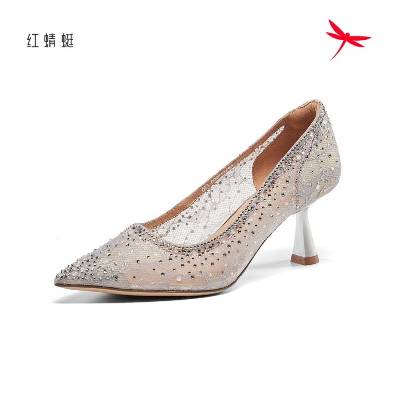 红蜻蜓春季新款女时装鞋高跟网纱