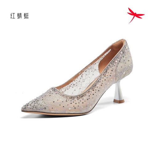 红蜻蜓春季新款女时装鞋高跟网纱
