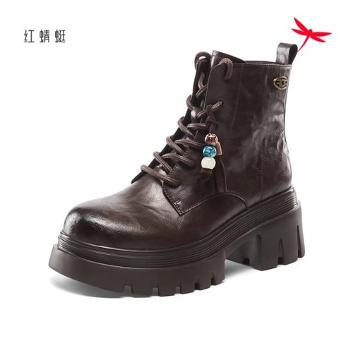 红蜻蜓冬女士丁短筒靴子方跟加绒
