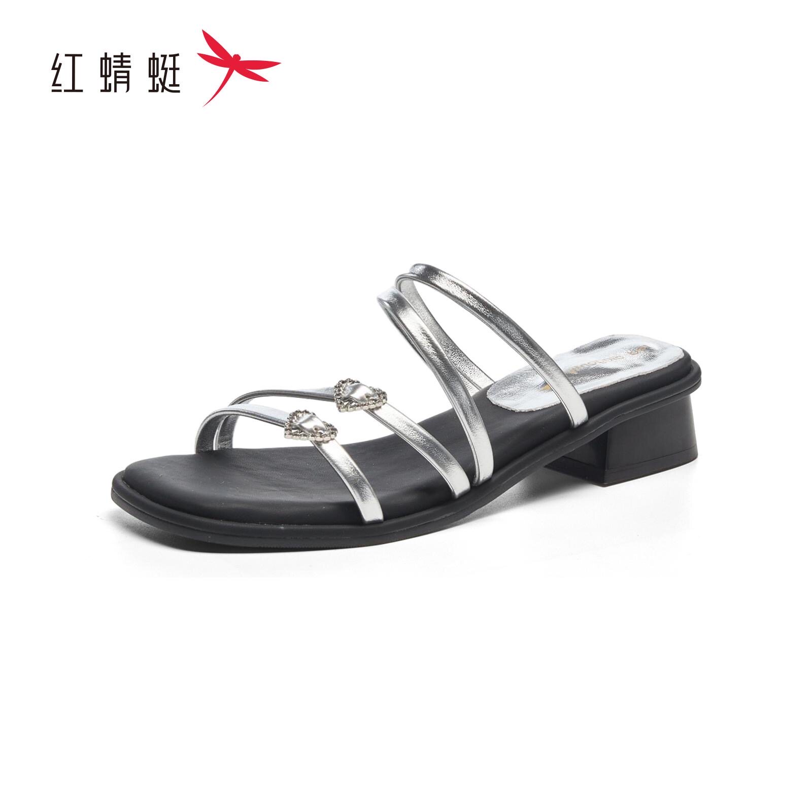 红蜻蜓夏女凉一字皮拖鞋粗跟爱心