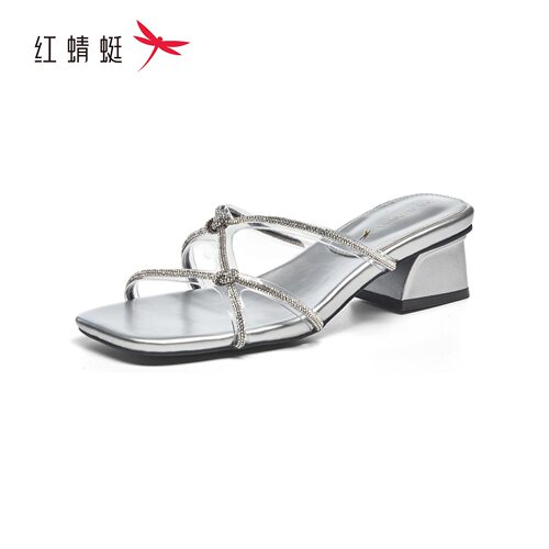 红蜻蜓夏拖鞋中跟露趾水钻女凉鞋