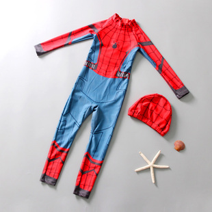 儿童泳衣男童连体防晒保暖长袖 潜水服中大童男孩动漫蜘蛛泳衣 泳装