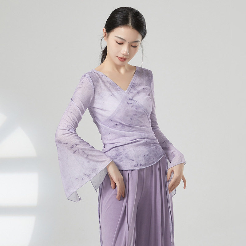 现代舞长袖上衣形体服中国古典舞蹈练功服女绑带印花舞蹈服春夏