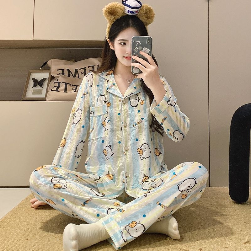 韩版卡通可爱高级感金丝绒睡衣女款2025新款开衫金钻绒家居服套装