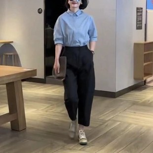 休闲裤 英国cherrykoko夏季 polo领色衬衫 新款 女 欧货五分袖