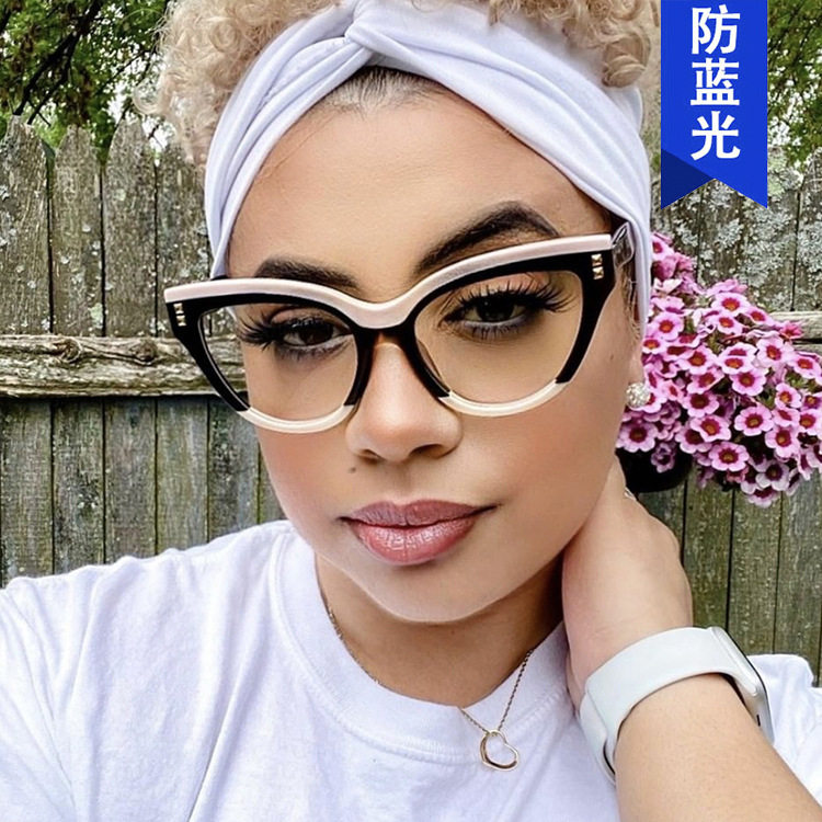 英国cherrykoko猫眼铆钉黑白熊猫平光镜新款欧美眼镜框防蓝光ins