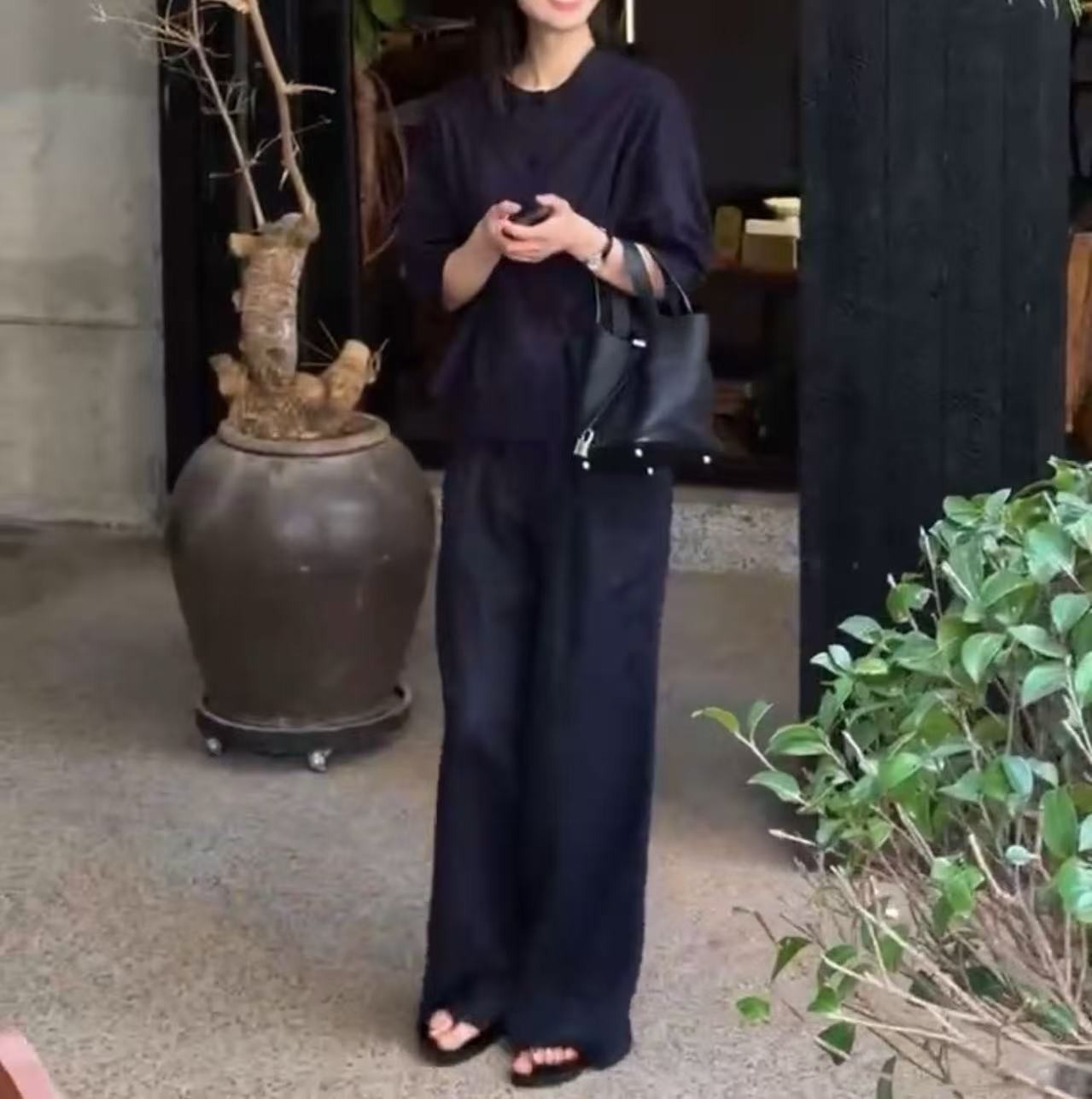英国cherrykoko夏季新款简约圆领七分袖衬衫宽松阔腿长裤女