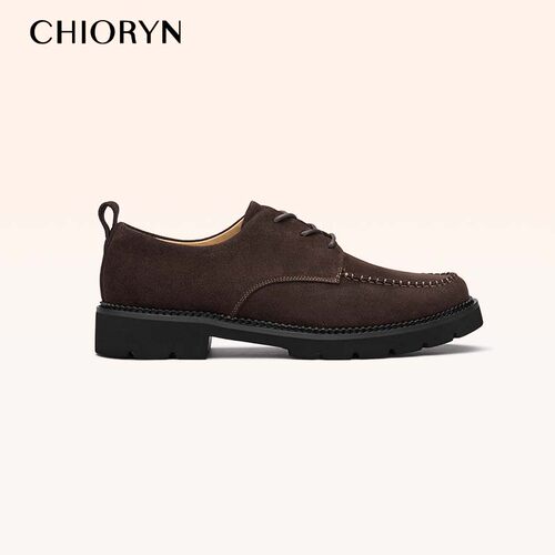小牛皮|chioryn青润增高厚底德比鞋男士新款翻毛系带休闲工装皮鞋