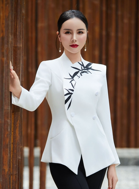 月牙桃心领竹叶印花双排扣西装上衣西装高级感72080A