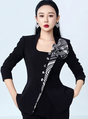 LADYPOWER水滴方领不对称黑白格纹盘花斜襟互搭上衣 73660A