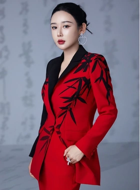 《竹隐》系列---拼色对称戕驳头墨竹印花上衣73610A