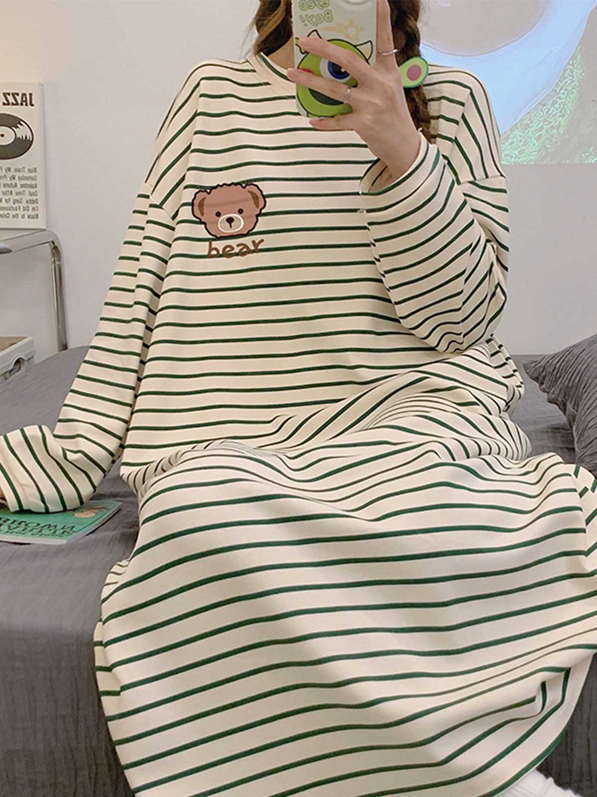 봄 가을 겨울 순면 긴팔 잠옷 여성용 발목 길이 줄무늬 잠옷 루즈한 아우터 잠옷 가정복 순면