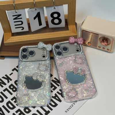 适用苹果17promaxKT猫镜子镶钻壳