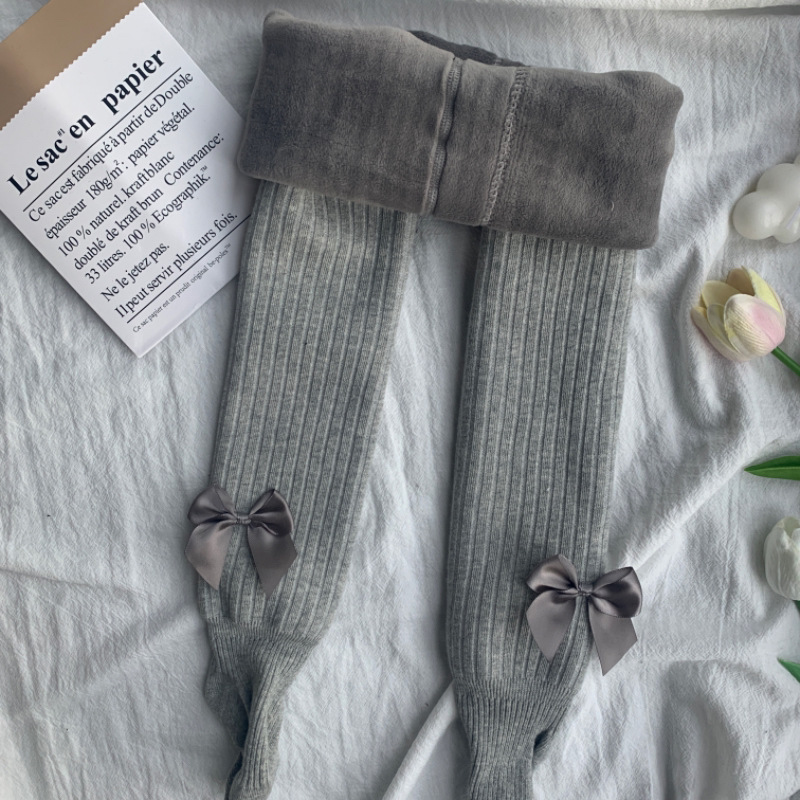秋冬韩版新款女童儿童连裤袜 加绒加厚 宝宝纯色蝴蝶结连脚打底裤