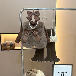 女童冬装套装2023新款儿童蝴蝶结毛马甲长袖毛毛衣裤子时髦三件套