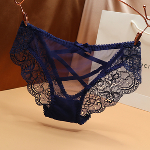 女士三角裤 内裤 女性感火辣露臀交叉蕾丝透明低腰网纱镂空诱惑薄款