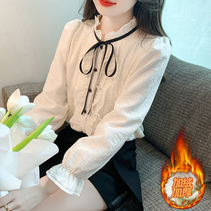 加绒法式荷叶领长袖蕾丝衬衫打底衫女2024秋冬新款设计感显瘦上衣