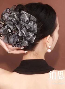 抖音同款轻奢布艺发饰蓬松发抓【花开富贵】高级灰新款花苞抓夹女