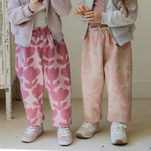 2026冬款 中小童 草莓珊韩国女孩棉软加绒高腰花朵直筒女童休闲裤