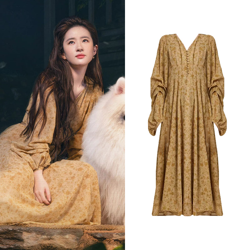 刘亦菲同款茶歇法式v领碎花长裙