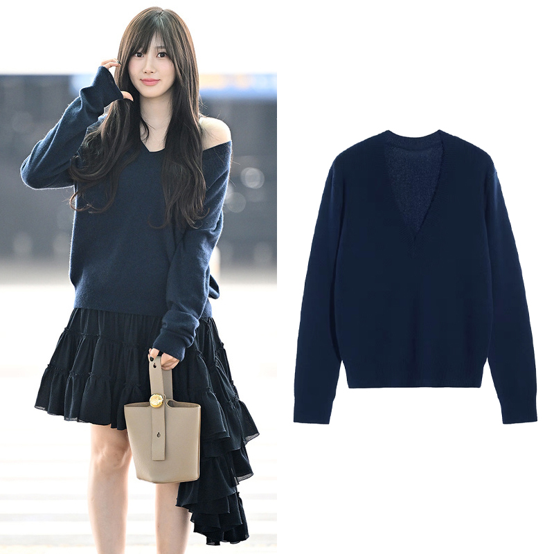 甜美慵懒风休闲深蓝色v领针织衫